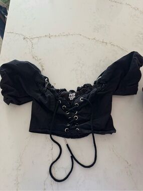 I.AM.GIA Black Lace-Up Puff Sleeve Crop Top